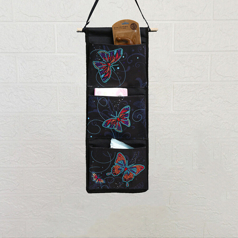 Butterfly Diamond Painting Wall Hanging Storage Bag 3 Pockets Black (AA991)