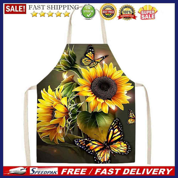 Sunflower Butterfly Print Kitchen Linen Apron Waterproof Household Cleaning Bibs
