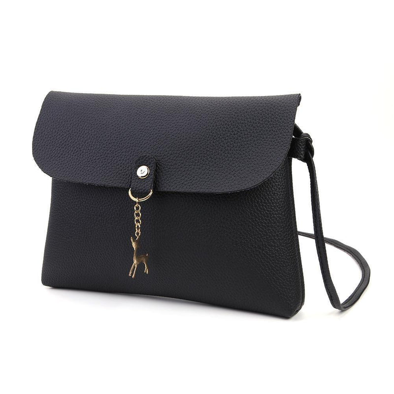 Simple Pure Color Deer Pendant Shoulder Handbag Women Crossbody Bag (Black)