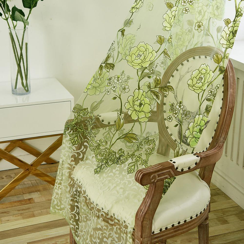 Peony Flower Offset Printing Curtain Yarn Tulle Curtain for Decor(Green)