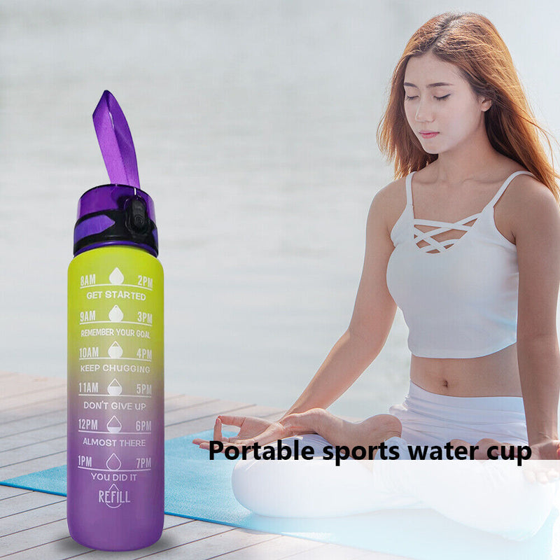 1000ml Sports Water Bottle Time Marker Outdoor Portable Cups (Purple Lid) Newly