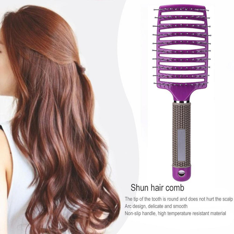 Pro Anti-Static Scalp Massager Hair Brush Curved Row Hairstyle Comb (Purple