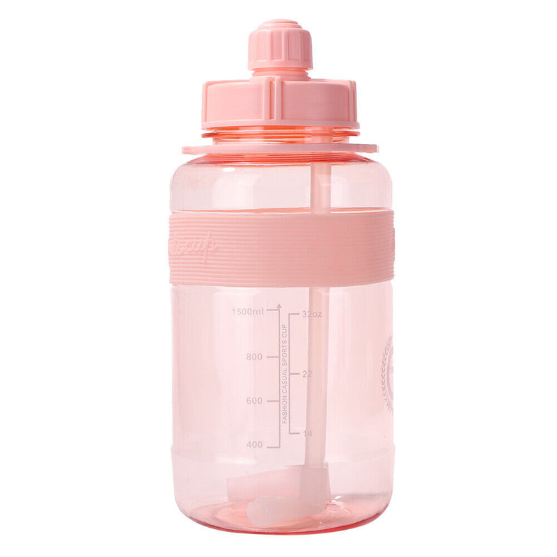 Portable Women Summer Gym Water Bottle Straw Large Capacity (Pink 1500ml) Newly