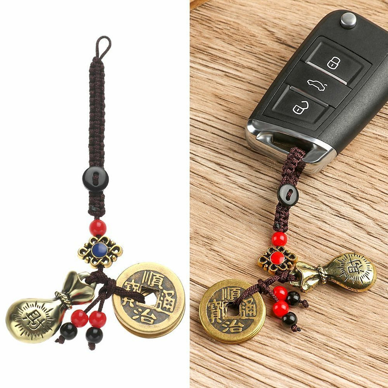 Emperors Coins Lucky Wealth Pendant Brass Keyring Chinese Money Bag Keychain