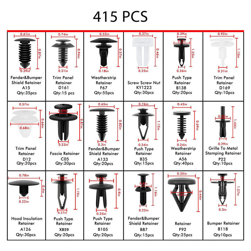 415pcs Car Bumper Retainer Clip+Screwdriver+4xTools+5xZip Tie+20xSponge Washers