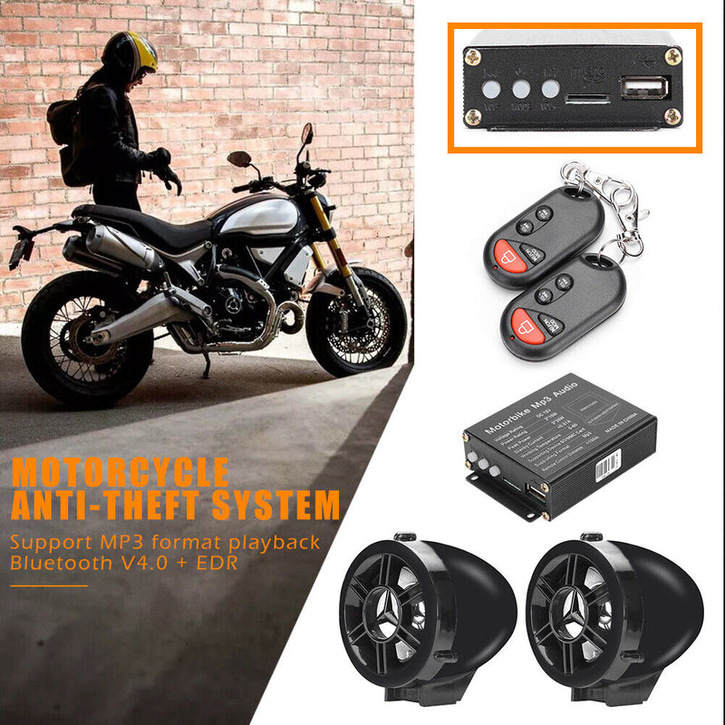 Remote Motorcycle Alarm System MP3 FM Radio Bluetooth Speaker Stereo Amplifier