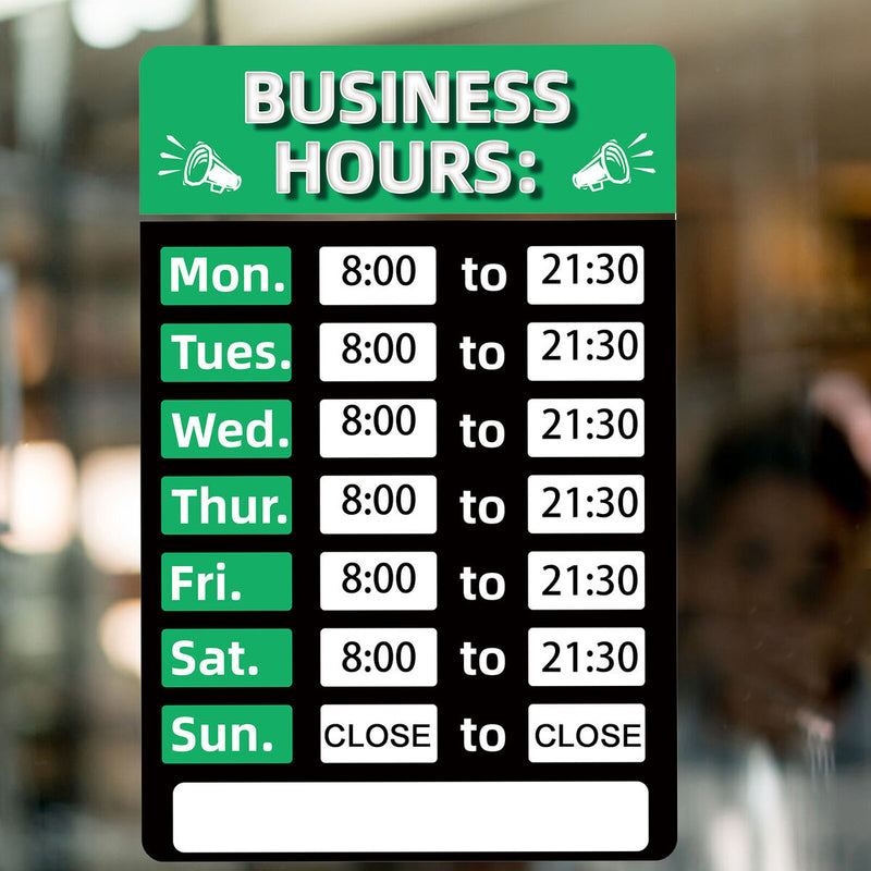 Business Hours Sign Hours of Operation Signs for Window / Door (Green) Newly