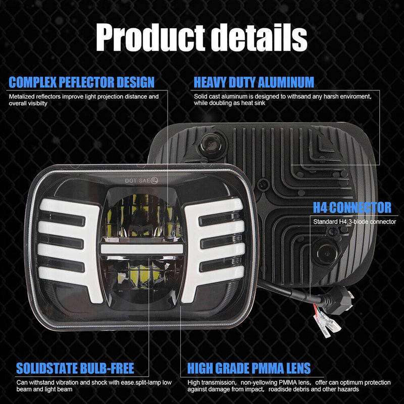 7 inch Square LED Headlight 7x6 5x7 Hi/Lo Beam Headlamp DRL Turn Signal for