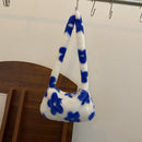 Retro Women Flower Print Shoulder Underarm Bag Winter Plush Purse (Blue)