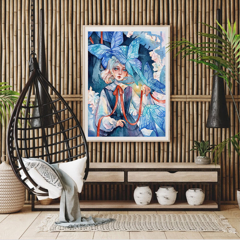 Blue Butterfly Girl Oil Paint By Numbers Kits Canvas Picture Wall Art DIY