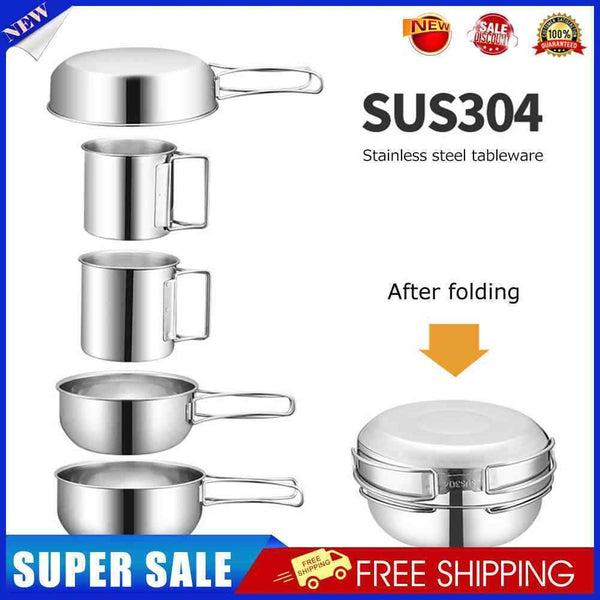 5 Piece Camping Tableware Set Stainless Steel Portable Cup Bowl Pot Tableware