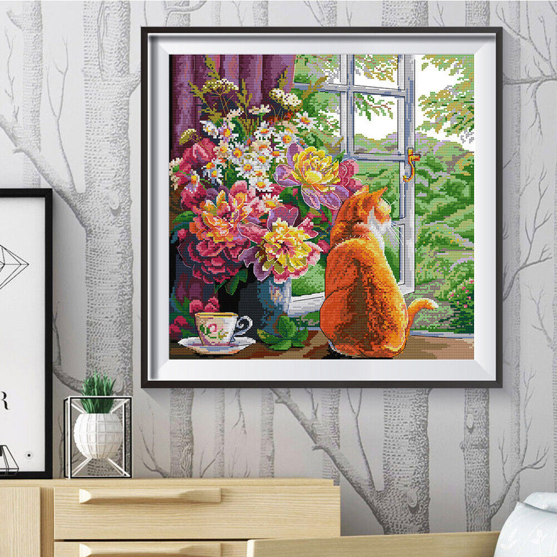 Partial Embroidery 14CT DIY Cat Flowers 2 Strands Kit Stamped Cross Stitch Craft