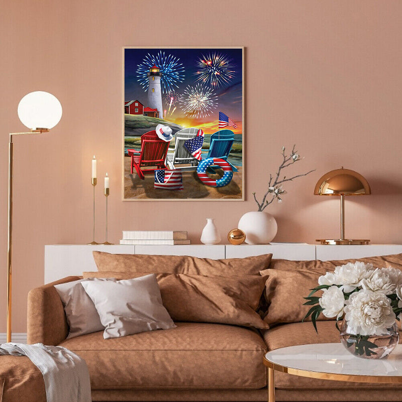 Lighthouse Fireworks Oil Paint By Numbers DIY Handpainted on Canvas Picture