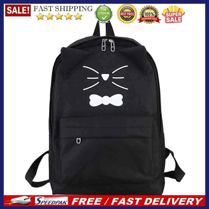 Women PU Leather Lovely Cartoon Cat Printed Backpack Shoulder Bag(Black)