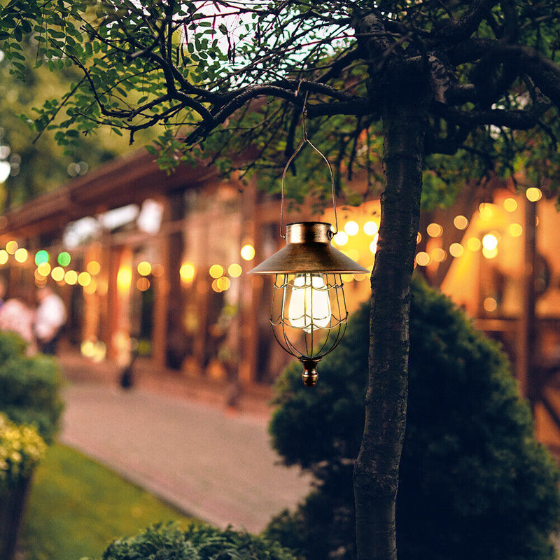 LED Lantern Metal Bronze Hollow Out Solar Charged Hanging Art Household Ornament