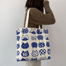 Women Cartoon Cat Print Shopping Bags Casual Large Capacity Canvas Shoulder Bag
