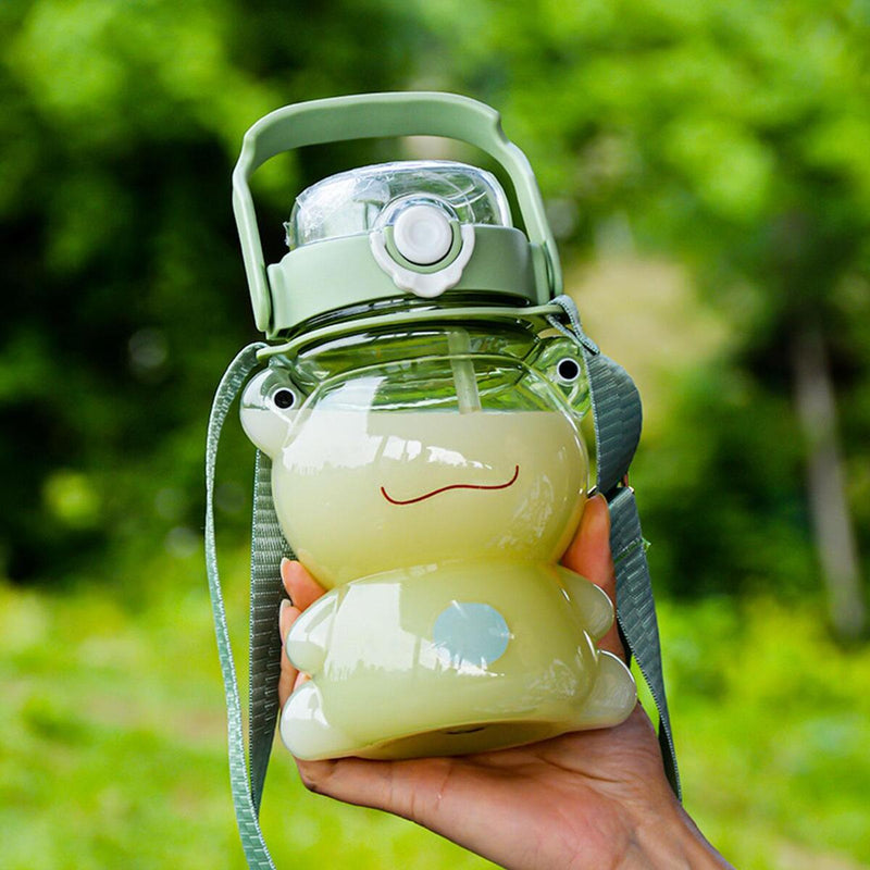 Frog Water Bottle with Straw and Strap Plastic Drinking Bottle Leakproof~