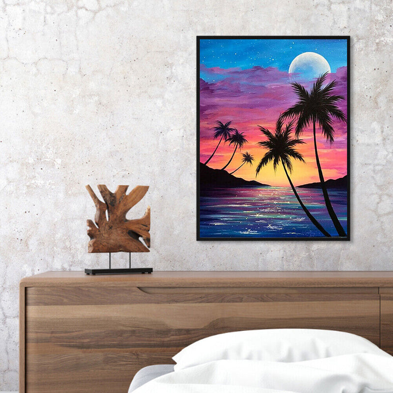 Frameless Oil Paint By Numbers DIY Beach Sunset Picture Craft Kit for Bedroom