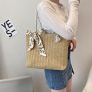 Women Straw Woven Shoulder Tote Bag Casual Silk Scarf Large Capacity Handbags