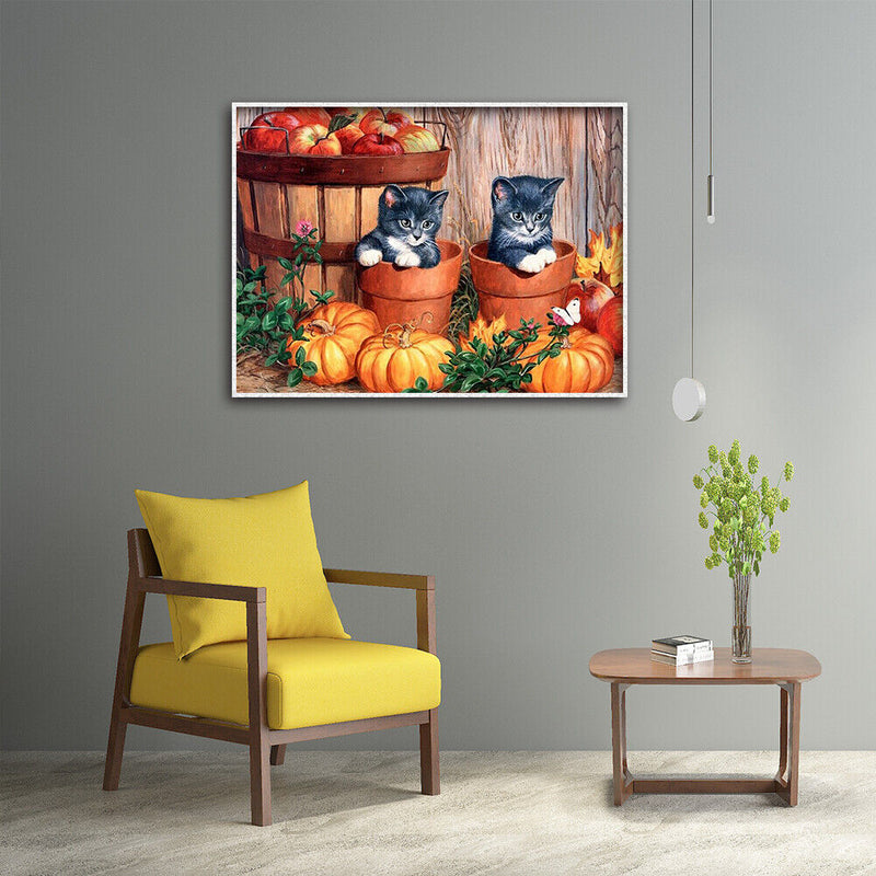5D DIY Diamond Painting Full Round Cats and Pumpkin Mosaic Rhinestone Picture