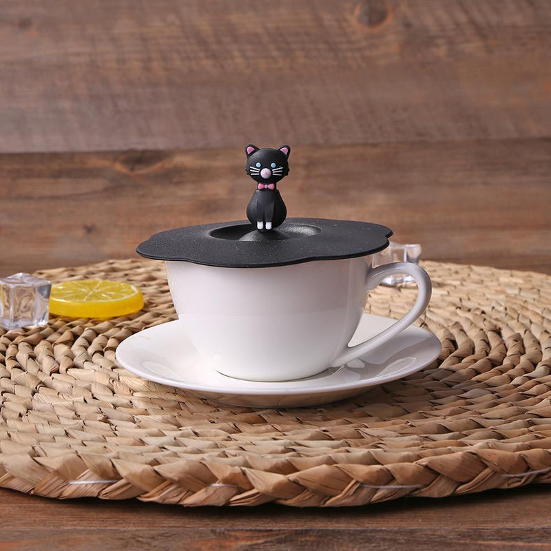 5pcs Silicone Cup Cover Heat-resistant Leak Proof Cartoon Lid (Black Cat)