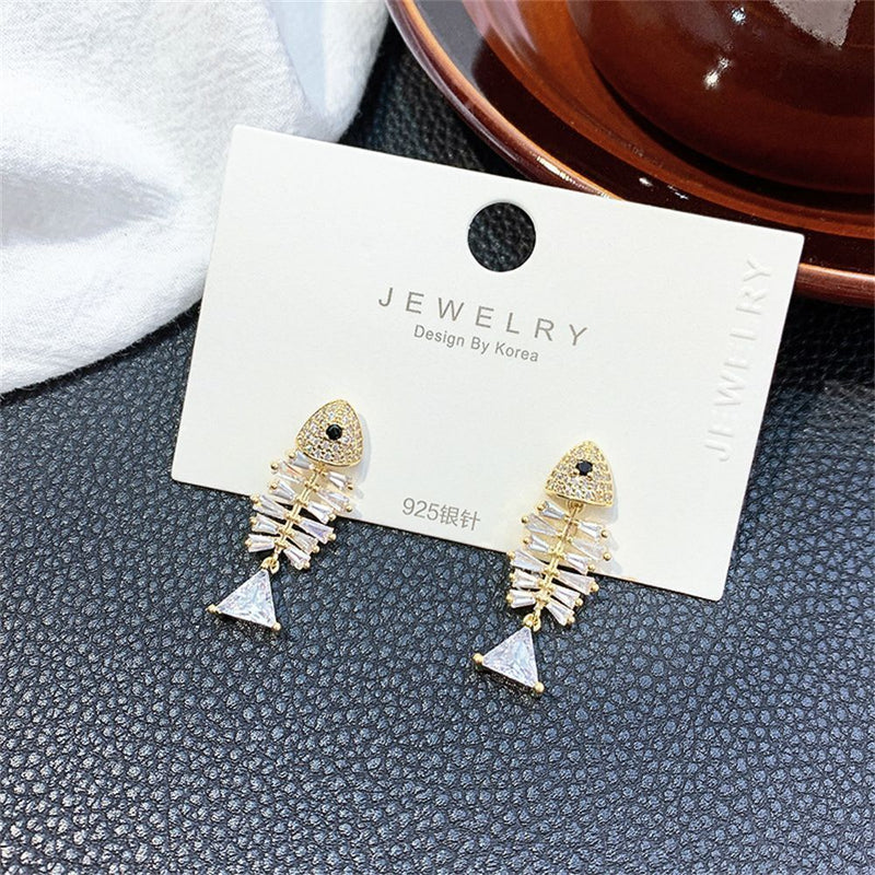Women Elegant Dangle Zircon Drop Ear Stud Rhinestone Ear Clip Fish Earrings