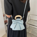 Bow Tie Bucket Crossbody Bag Women Leather Round Wooden Handle Shoulder Handbag