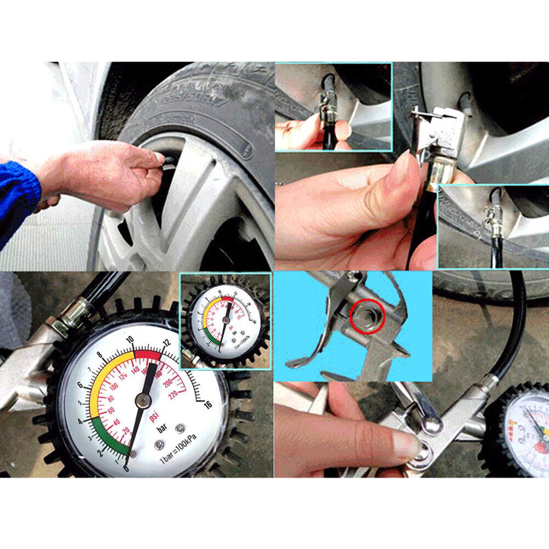 AUTO TRUCK TYRE TIRE AIR INFLATOR DIAL PRESSURE METER GAUGE COMPRESSOR TOOL