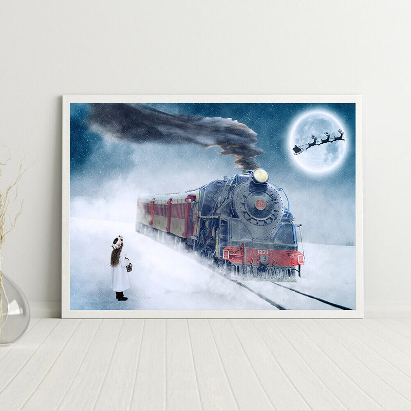 Frameless Oil Paint By Numbers DIY Snow Train Picture Craft Kit for Living Room