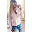 Women Autumn Solid Color Long Sleeve Blouse Top Shirt Pink XL
