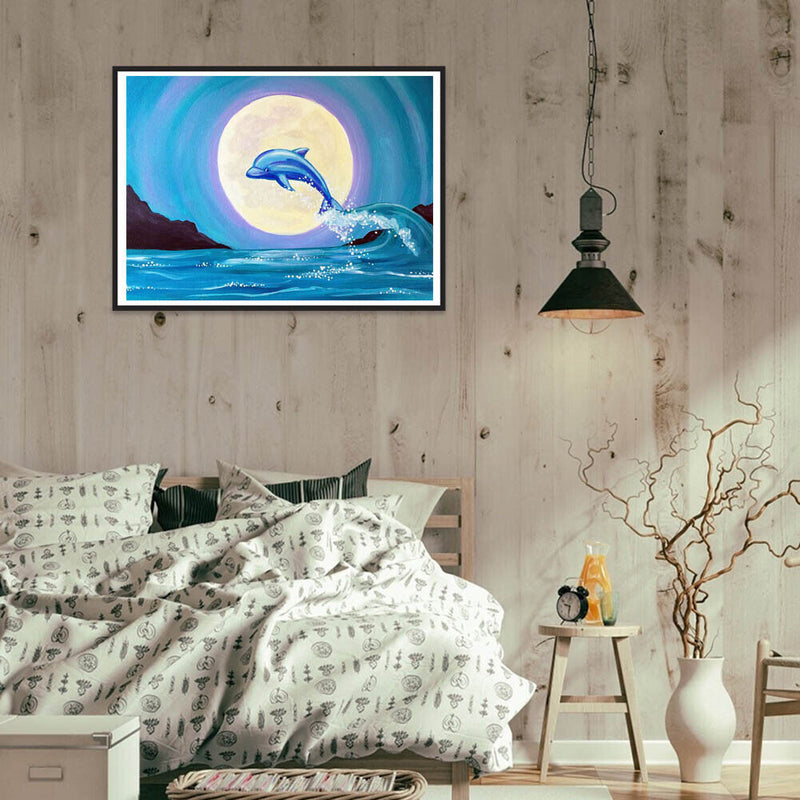 Moon Dolphin Frameless Picture Oil Paint By Numbers Hand Painted Picture Kit