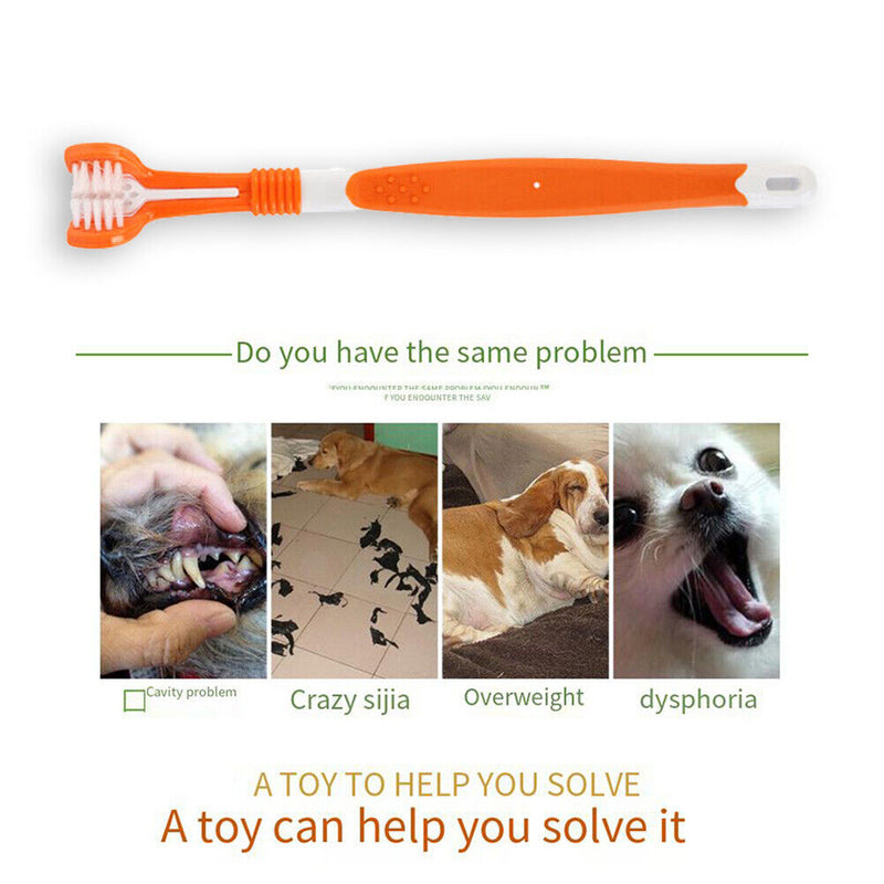 Three Sided Pet Toothbrush Dog Soft Brush Bad Breath Tartar Tool (Orange)