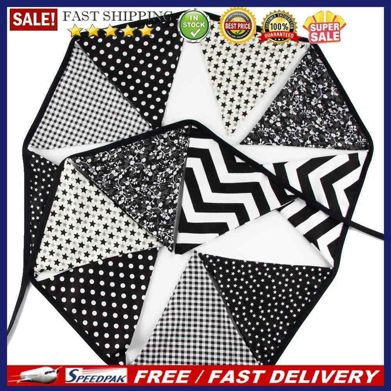 12 Flags 3.2m Black White Cotton Party Wedding Pennant Bunting Banner Decor
