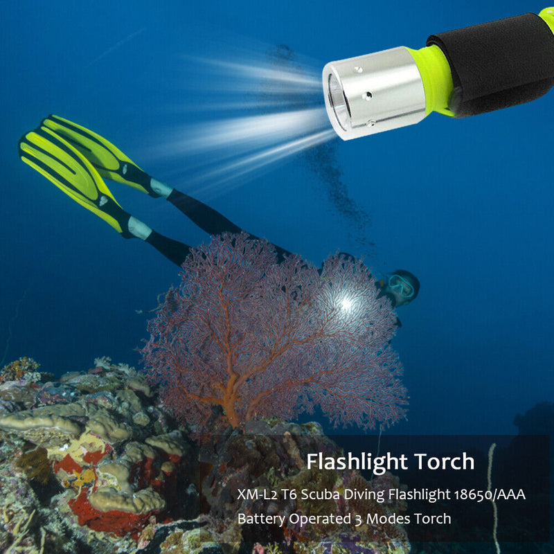 XM-L2 Scuba Diving Flashlight 18650/AAA Battery Operated T6 LED 3 Mode Torch