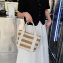Fashion Straw Striped Women Handbags Woven Beach Tote Shopper Purse (Khaki)