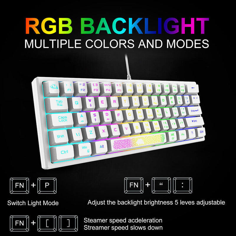 K61 RGB Wired Keyboard 60 Percent 62 Keys Ergonomic Gaming Keyboard (White)