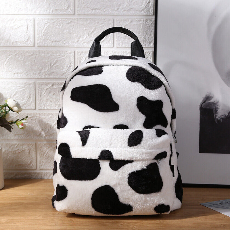 Fashion Winter Fluffy Women Soft Plush Printed Cow Backpack Girls School Bags