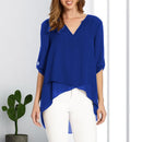 Fashion Women V-neck Pure Color Tops 3/4 Sleeve Chiffon Irregular Loose T-shirt
