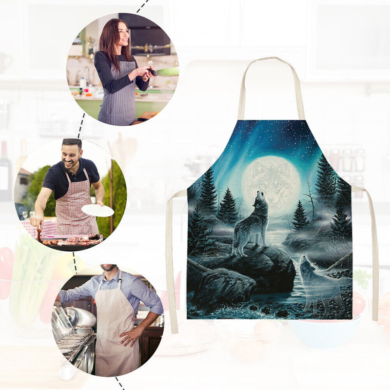 Kitchen Aprons for Women Men Household Baking Night Wolf Linen Cook Tablier