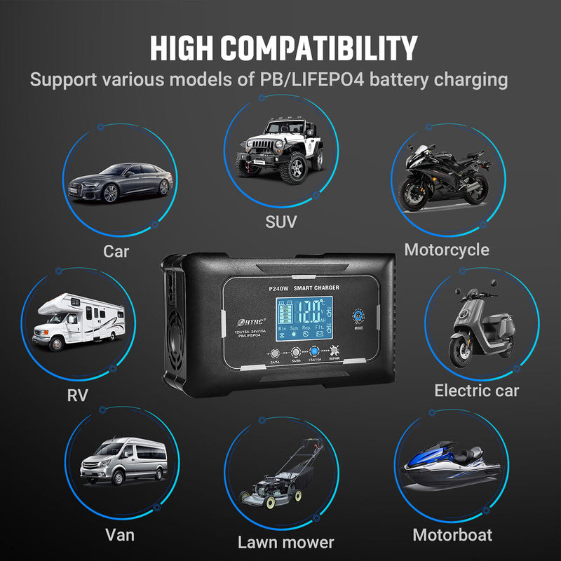 HTRC Automatic 12V/24V 15A Car Battery Charger for RV PB LIFEPO4 AGM (AU)
