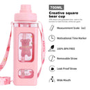Water Bottle with Straw 700ml Drinking Bottle Square Cute Water Jug (Pink)