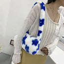 Retro Women Flower Print Shoulder Underarm Bag Winter Plush Purse (Blue)