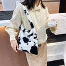 Retro Animal Pattern Print Shoulder Bag Women Winter Plush Handbag (White)