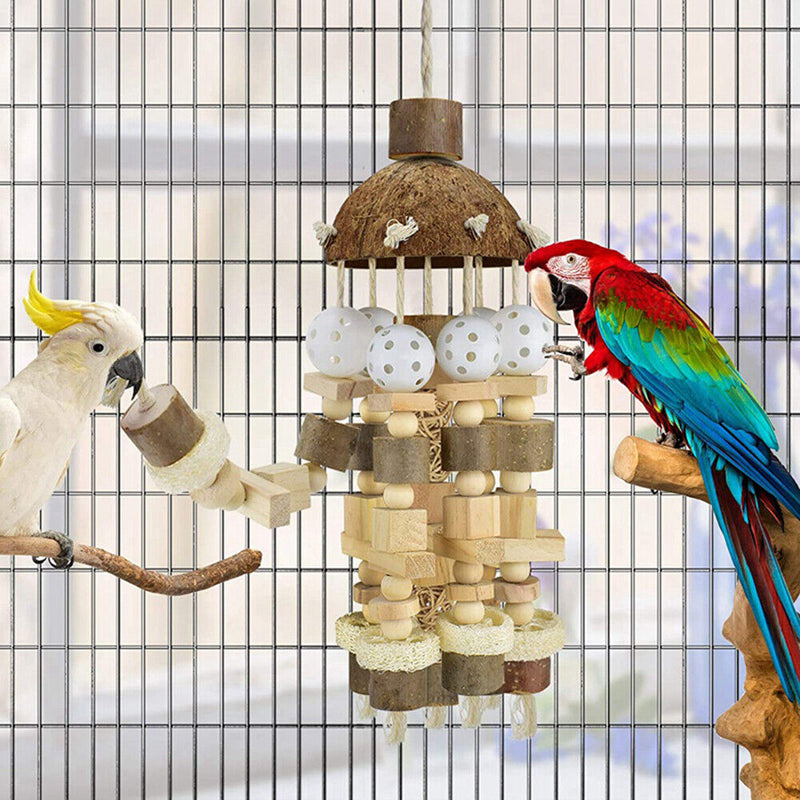 Pet Bird Macaws Cage Chewing Wooden Blocks String Coconut Shell Bite Tearing