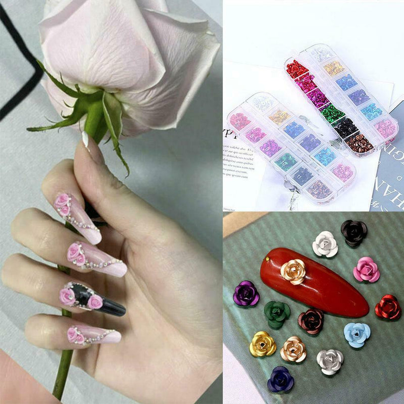 1set Nail Art Flowers Decor DIY Rose Glitter Nail Jewelry w/ Tweezer F6J1