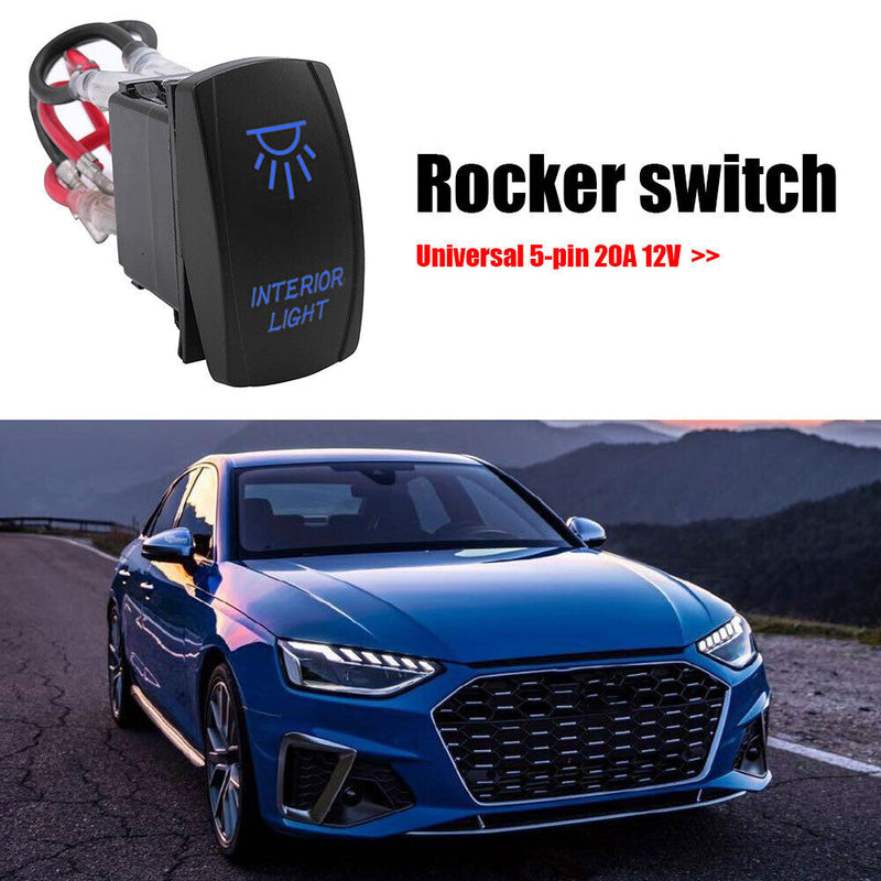 LED Blue INTERIOR LIGHT Rocker Switch with Wires 5-Pin 12V 20 Amp Universal Car