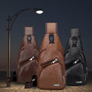 Leather Men Crossbody Chest Bag USB Charging Shoulder Packs (Dark Brown)