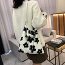 Women Fashion Flower Bear Print Chain Handbags Autumn Winter Plush Shoulder Bag