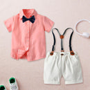 British Style Small Pocket Bow Tie Children Boys Summer Shirt Bib Pants Set