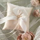 1x Wedding Ring Pillow Double Heart Rhinestone Satin Cushion With Ribbons L5J8